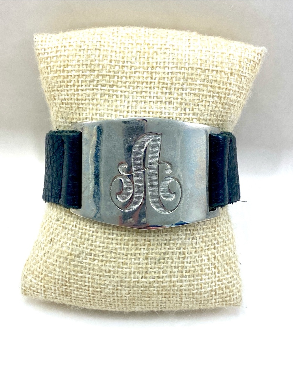 Engraved 'A' Silver Plate Leather Cuff Bracelet - Black